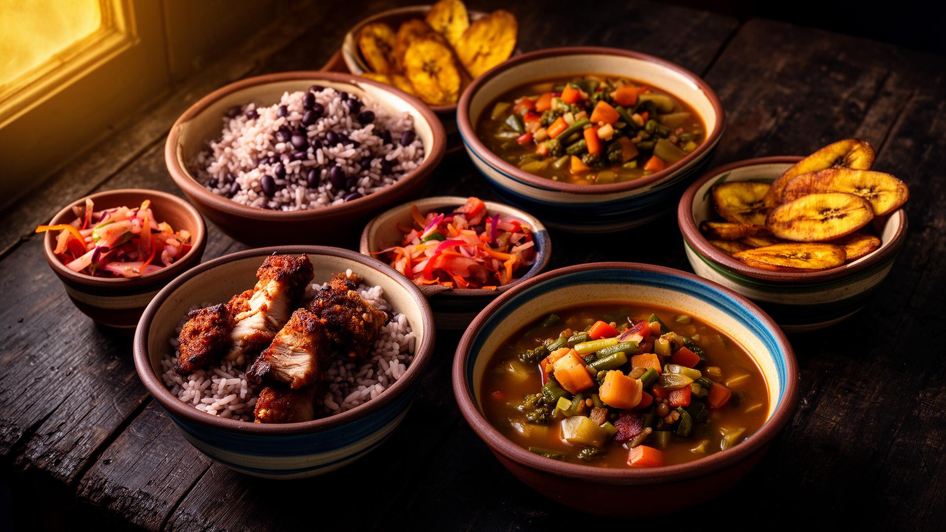 Haitian feast of griot, legume, rice and beans, and fried plantains